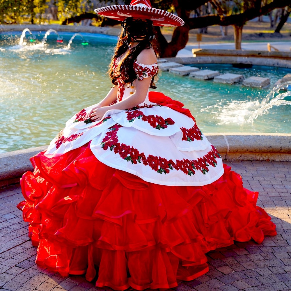 Red/white Charro Quincenera dress with corset back